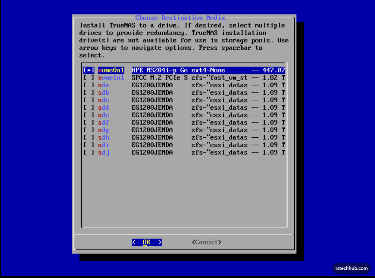nvme0n1 selected with asterisk — ready to install