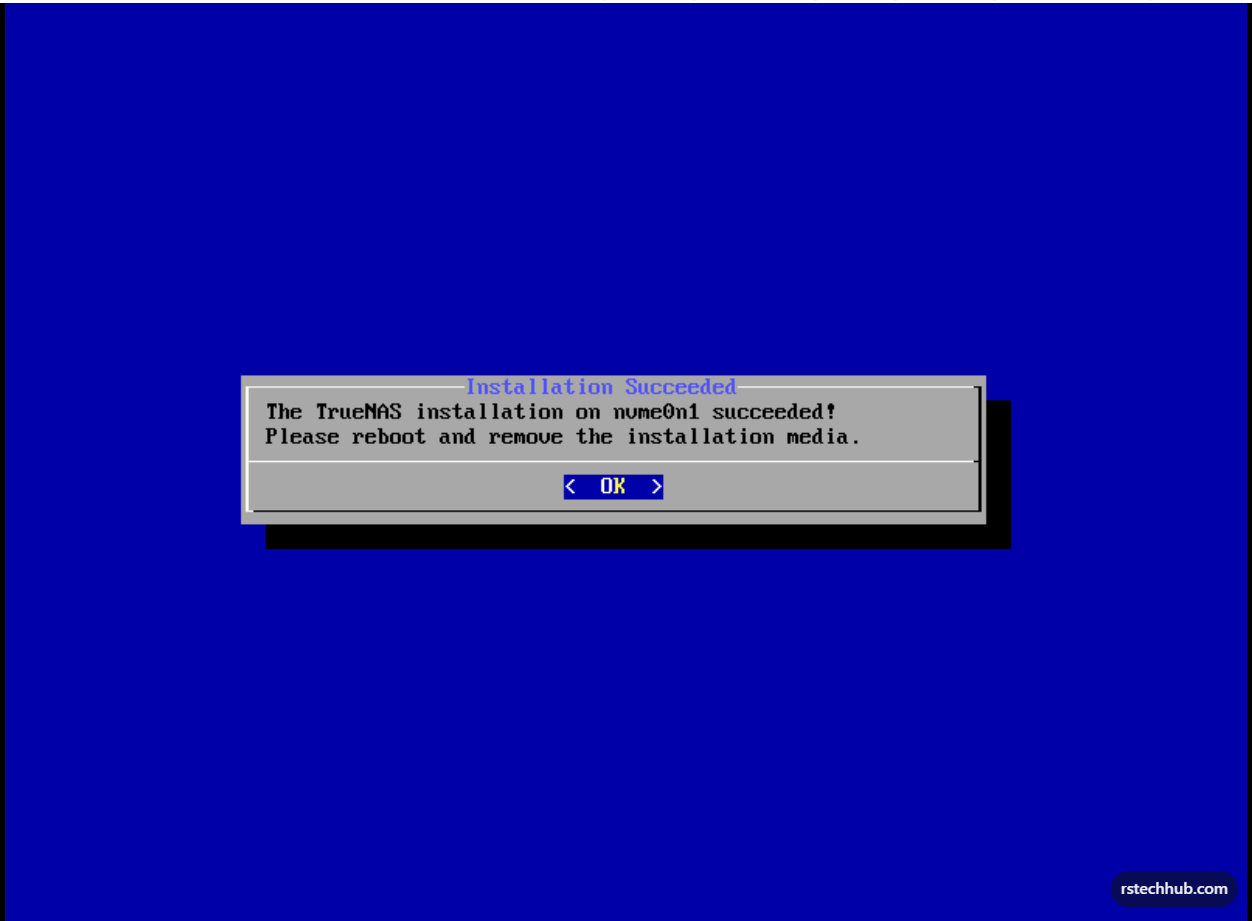 Installation complete — unmap the ISO before rebooting