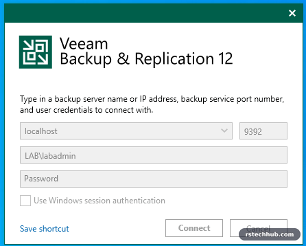 Veeam console login as LAB\labadmin