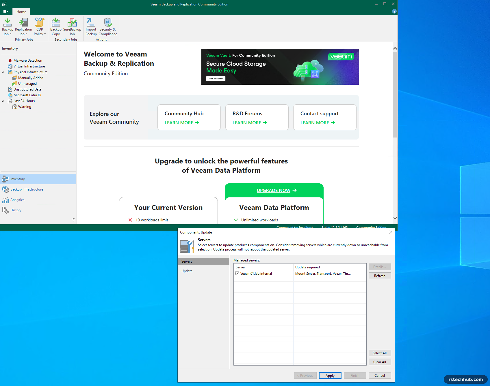 Veeam console home, Community Edition 12.3.2