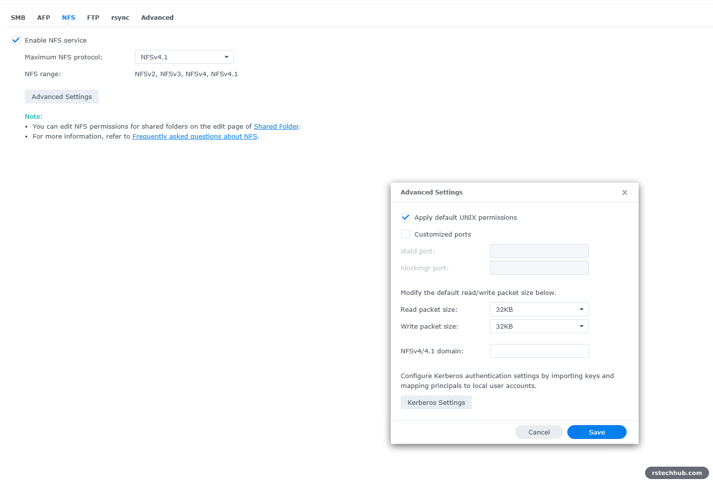 DSM NFS settings with NFSv4.1 and 32KB read and write packet size