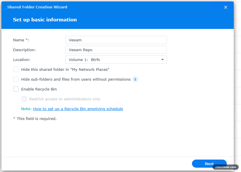 DSM shared folder wizard: name Veeam on a Btrfs volume, recycle bin off