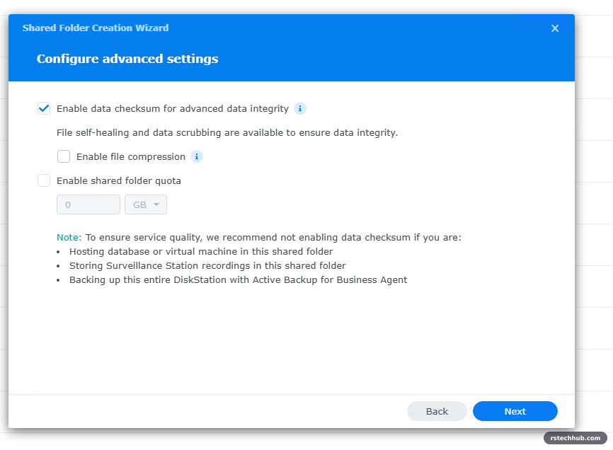 DSM advanced settings: data checksum enabled, compression and quota off