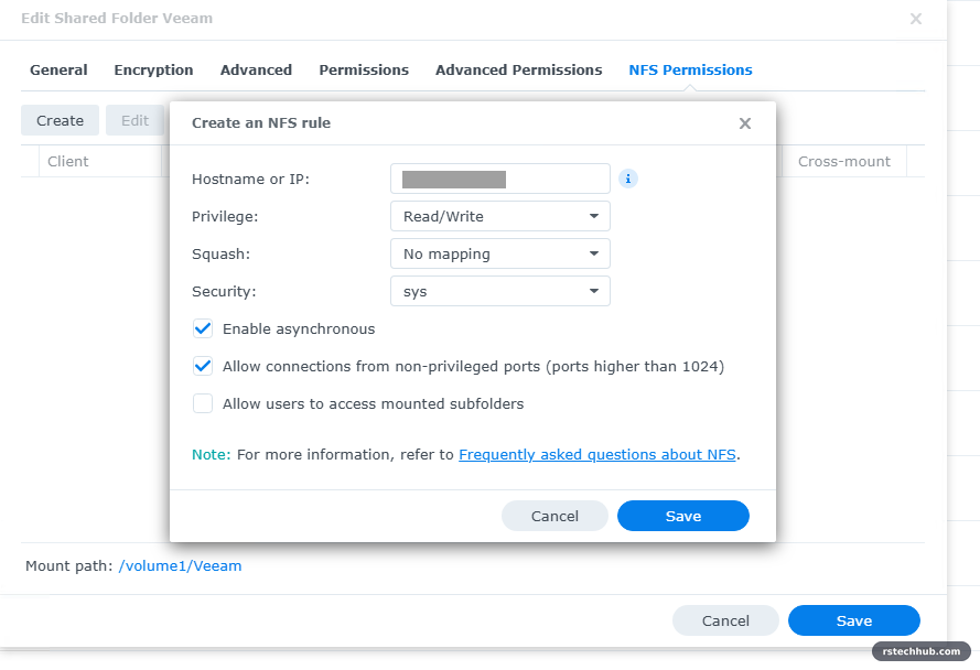 DSM create NFS rule with Read/Write, No mapping, sys and non-privileged ports