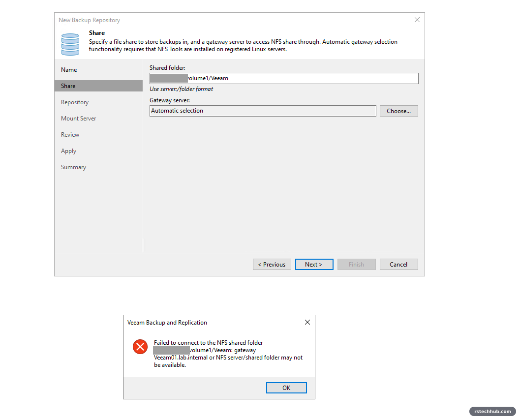 Veeam error: failed to connect to the NFS shared folder