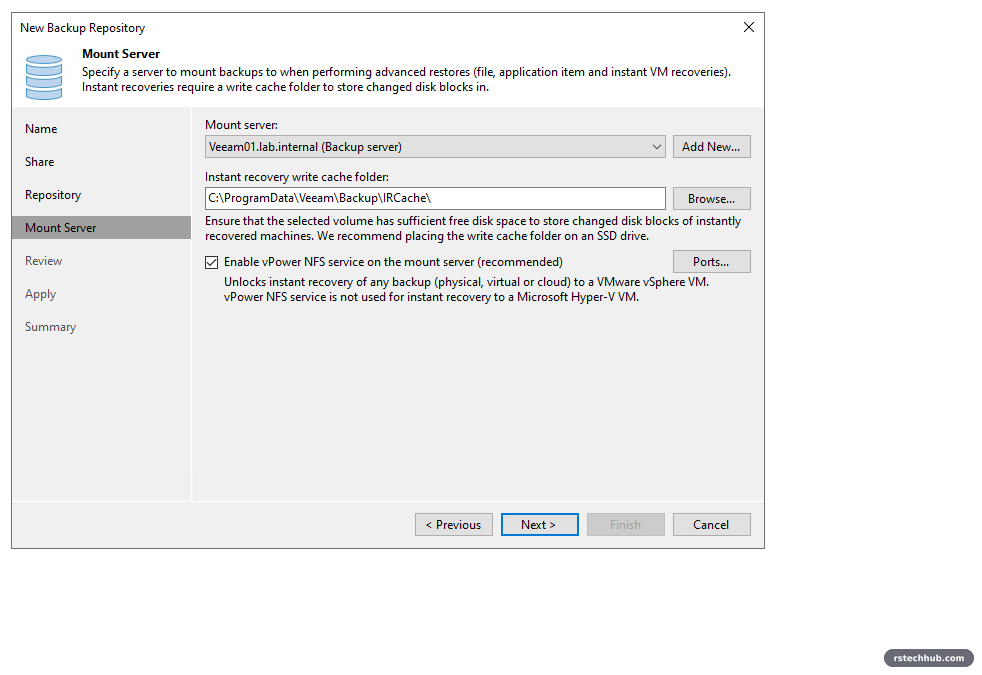 Veeam mount server page with vPower NFS enabled