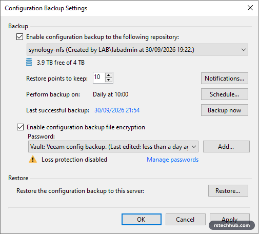 Veeam configuration backup to synology-nfs with encryption enabled
