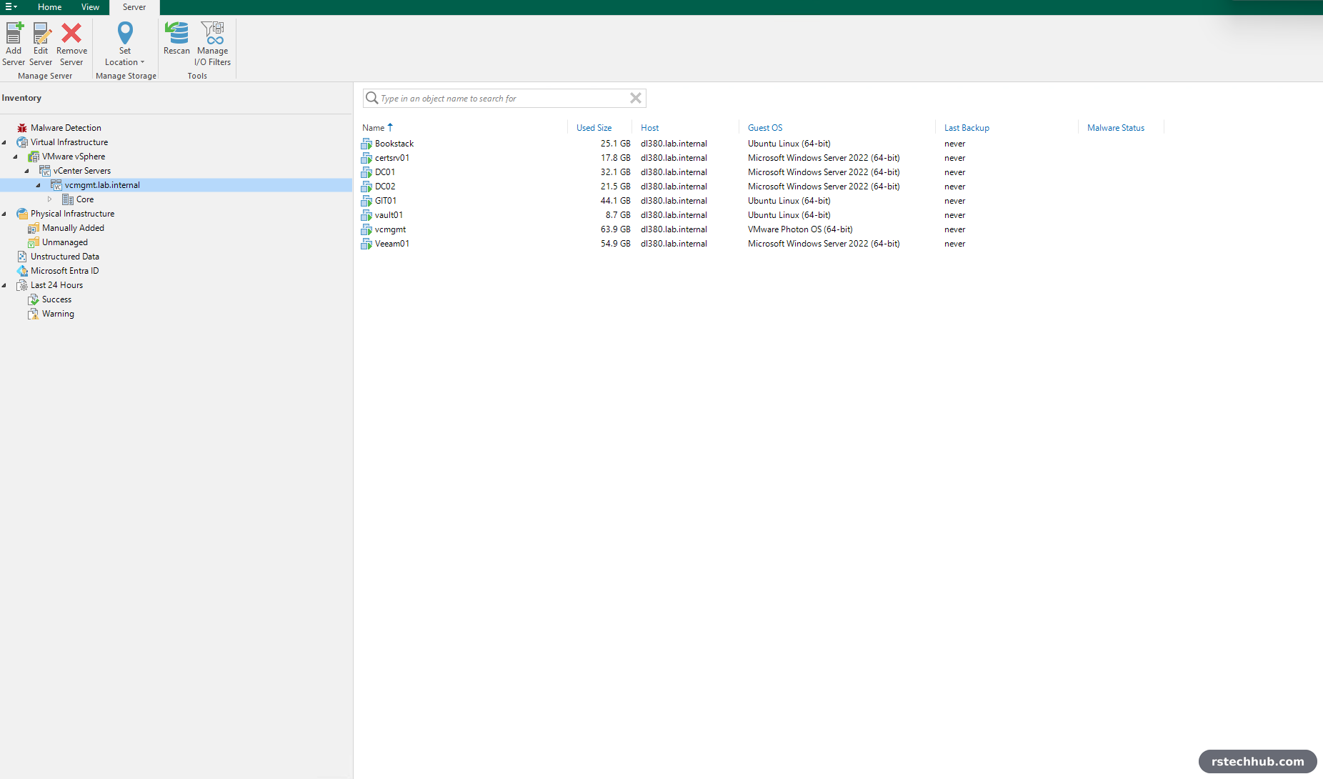 Veeam inventory showing vcmgmt and its virtual machines