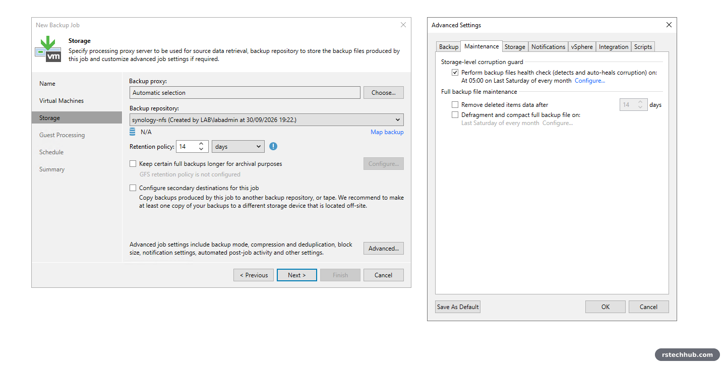 Veeam backup job storage page with 14 days retention and monthly health check