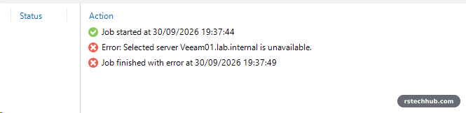 Veeam job error: selected server Veeam01.lab.internal is unavailable