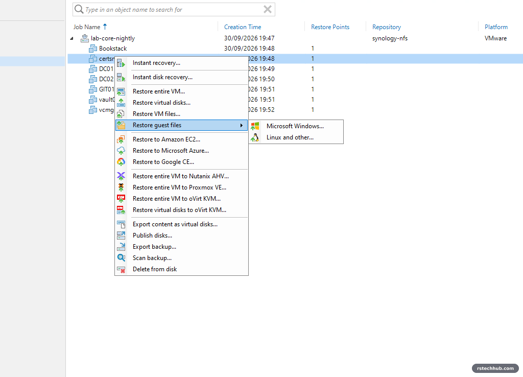 Veeam restore guest files menu for a Windows VM