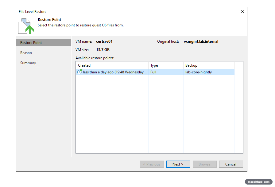 Veeam file level restore: choose restore point
