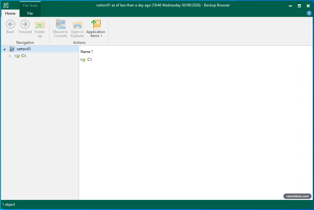 Veeam Backup Browser showing certsrv01 C: drive