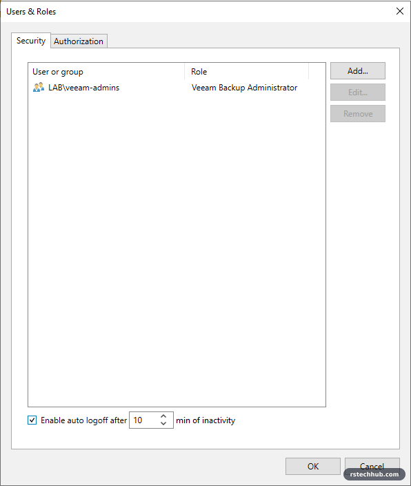 Veeam Users and Roles with only LAB\veeam-admins as Veeam Backup Administrator