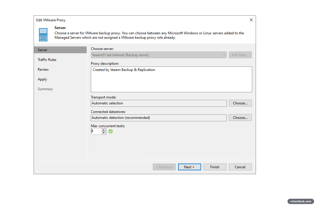 Veeam proxy properties with max concurrent tasks set to 4