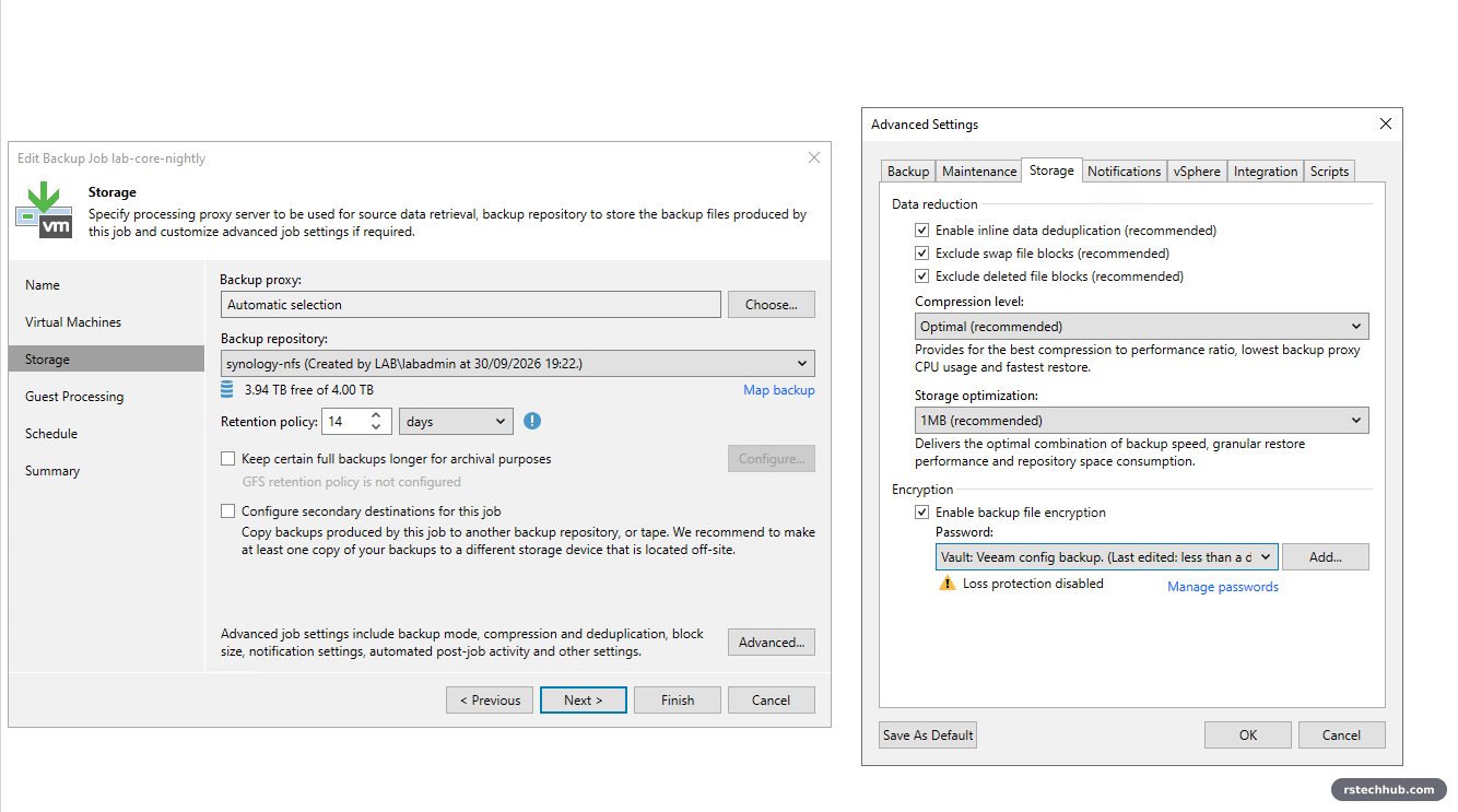Veeam job advanced storage settings with backup file encryption enabled