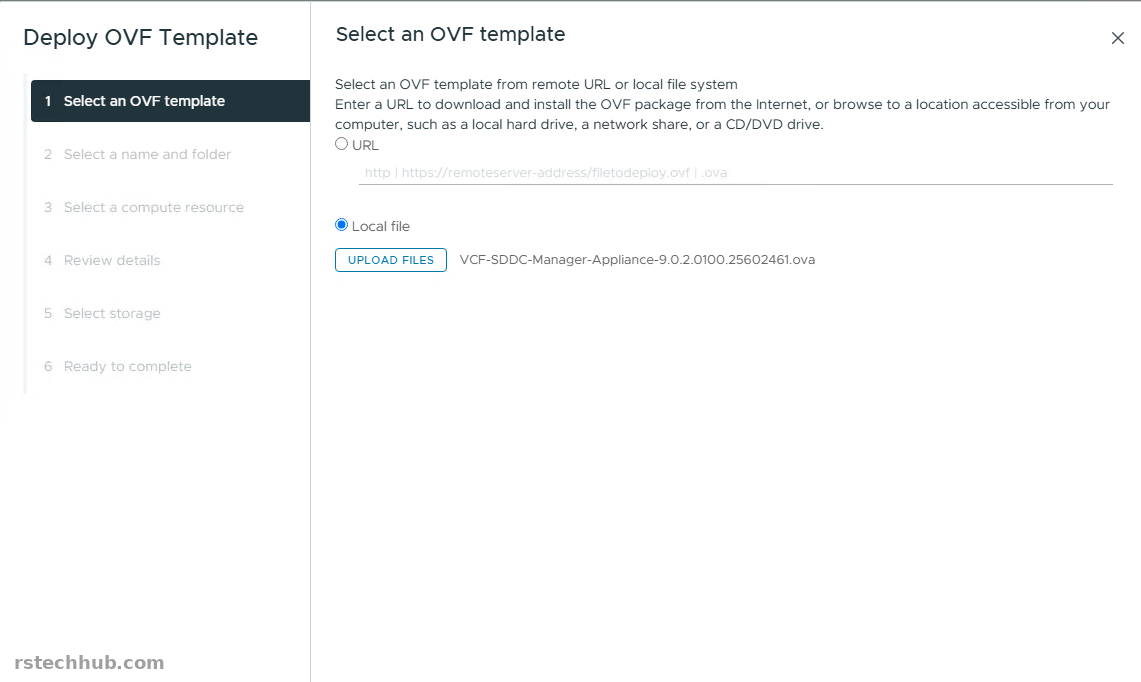 Deploy OVF Template wizard with the SDDC Manager appliance OVA selected