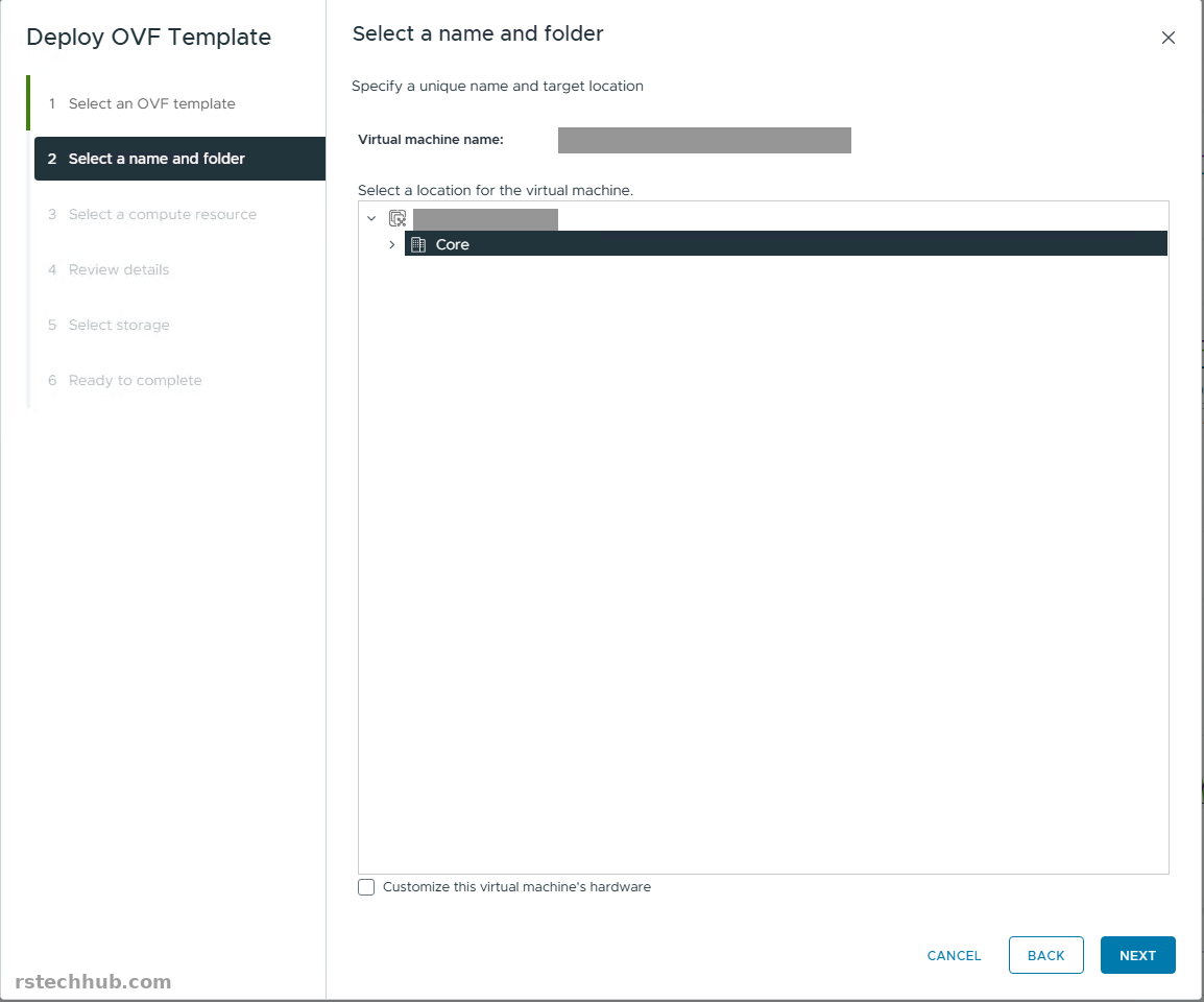 Deploy OVF Template: name and folder page