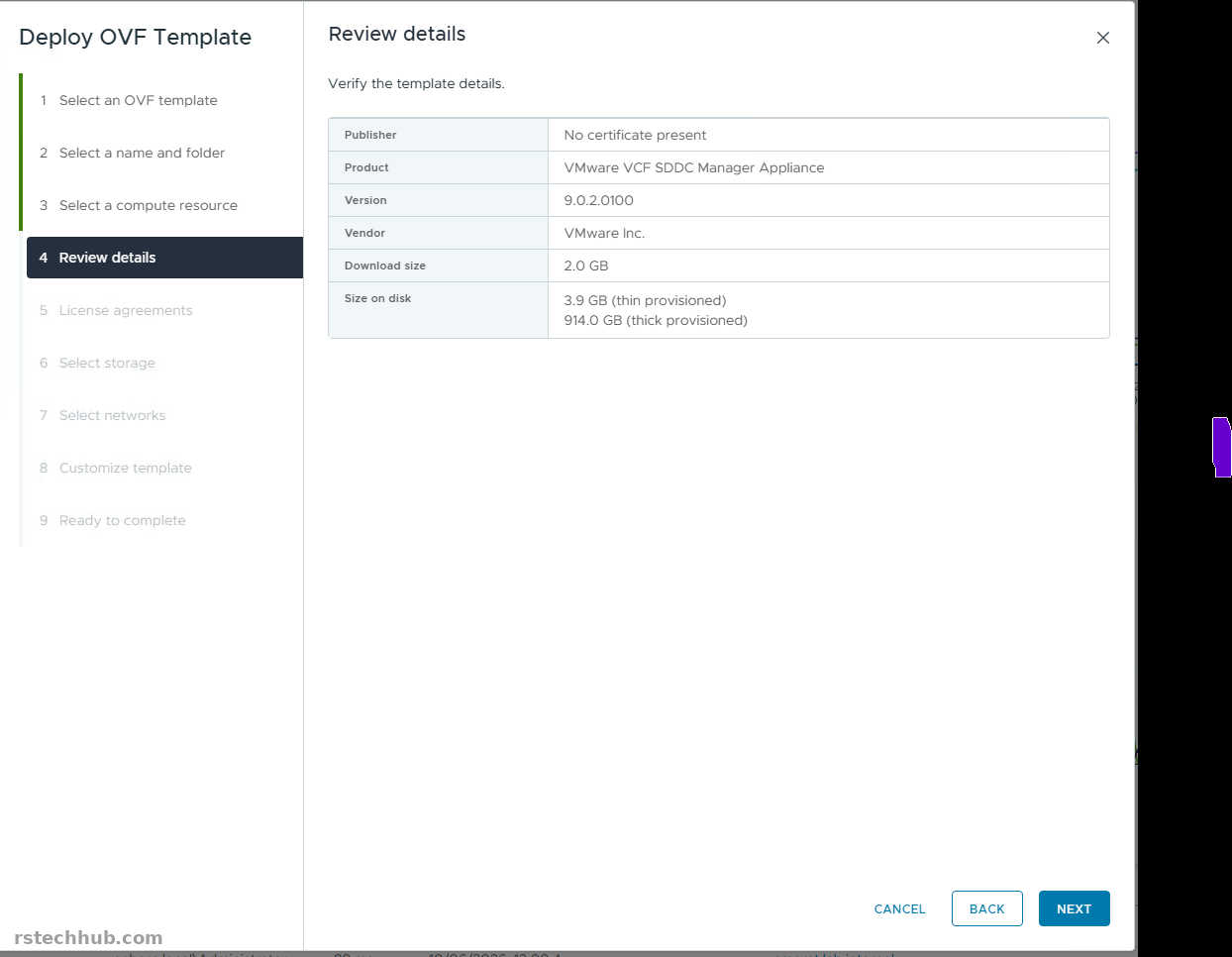 Review details page showing 3.9 GB thin and 914 GB thick provisioned