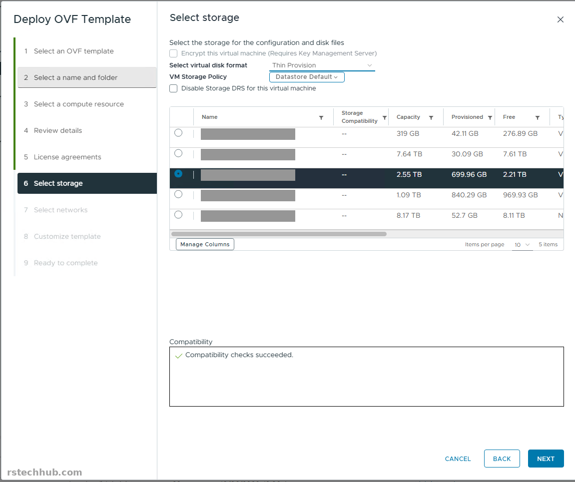 Select storage page with the disk format set to Thin Provision