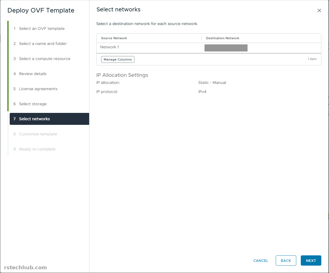 Select networks page with static manual IPv4 allocation