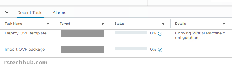 Recent tasks showing the OVF deploy running