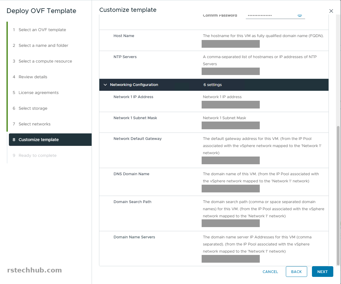 Customize template page with host name, NTP, network and DNS fields