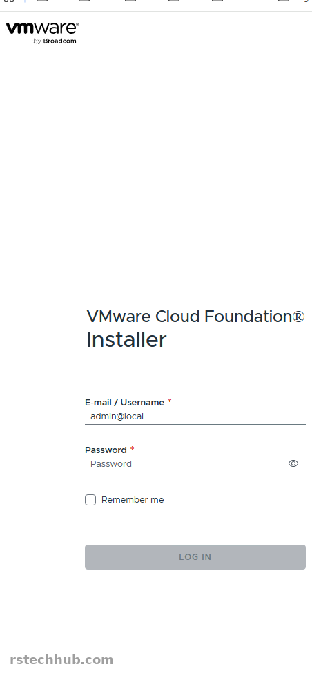 VCF Installer login page
