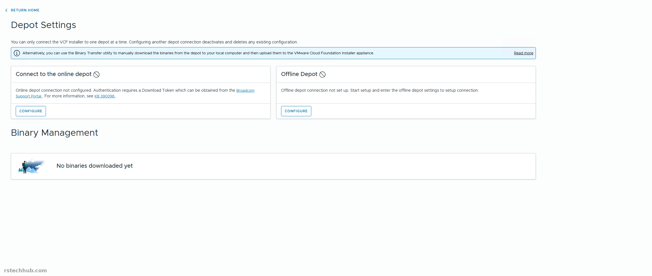 Depot Settings page with online and offline depot options