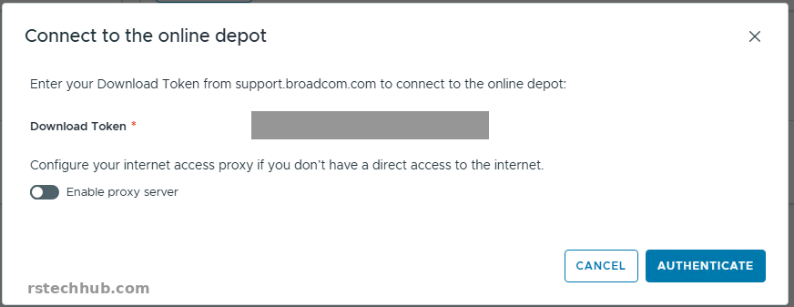 Connect to the online depot dialog with the download token field greyed out