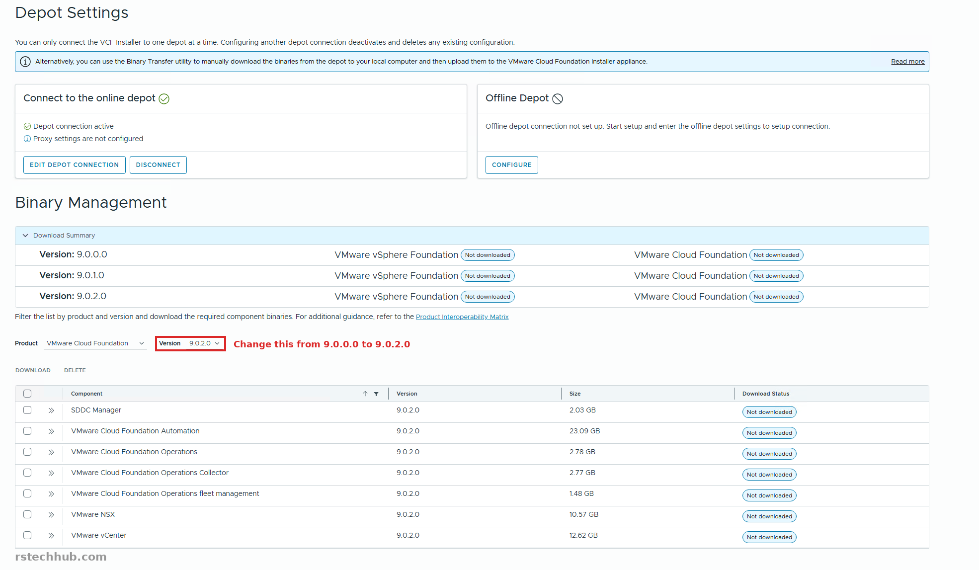 Binary Management with the Version dropdown set to 9.0.2.0 and highlighted