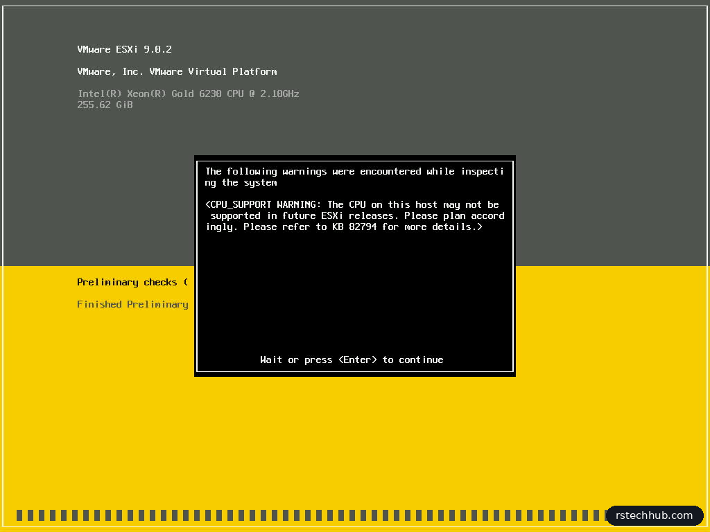 ESX 9.0.2 installer on an R640 console during the unattended install