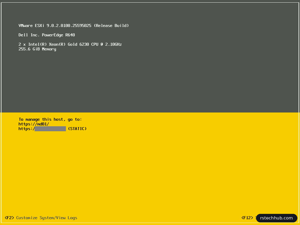 ESX 9.0.2 console on a Dell PowerEdge R640 after the unattended install