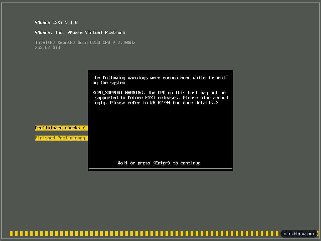 ESX 9.1 installer on an R640 console during the unattended install