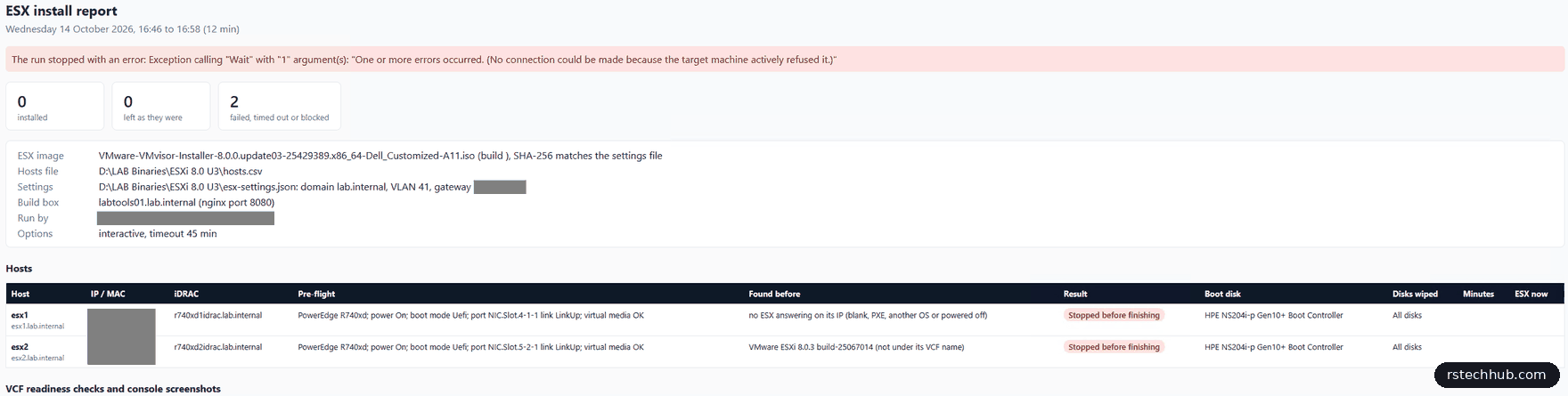 ESX install report