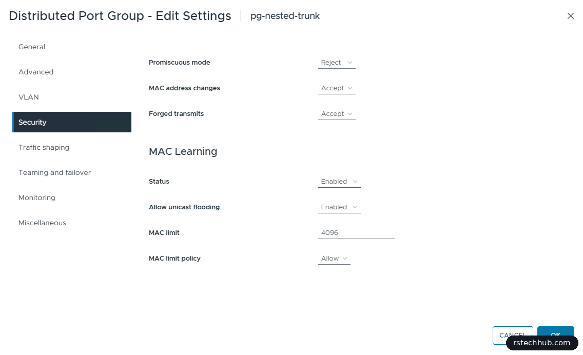 MAC Learning settings on the nested port group
