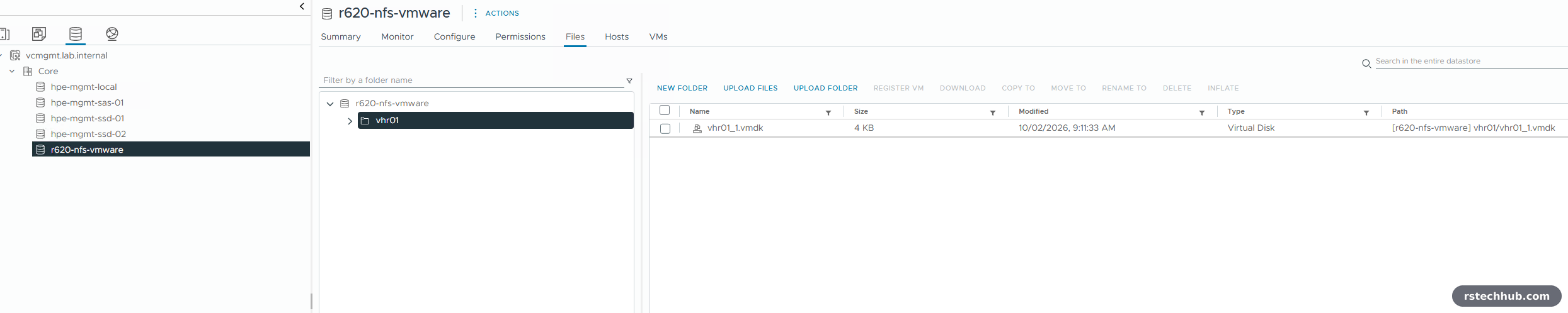 vSphere datastore browser showing vhr01_1.vmdk as a 4 KB virtual disk