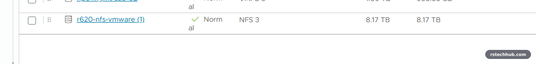 vCenter datastore list showing the NFS 3 datastore named r620-nfs-vmware (1)