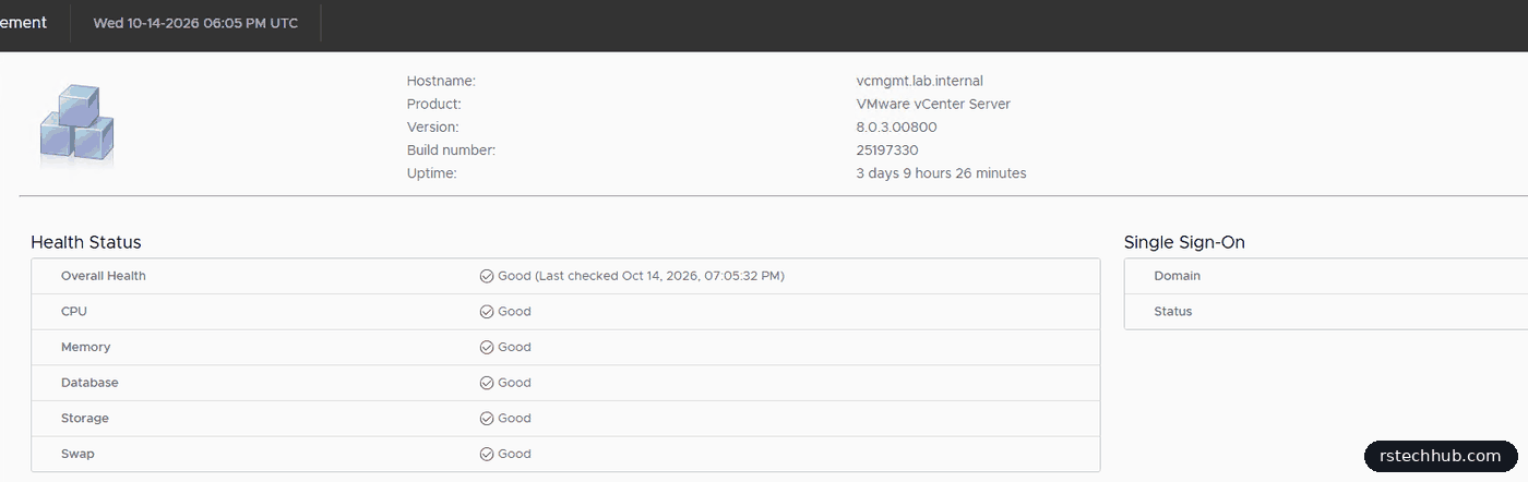 vCenter VAMI summary before patching