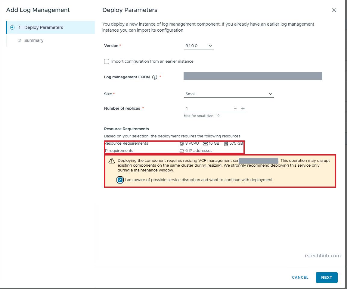 Add Log Management wizard showing resource requirements and the service disruption warning