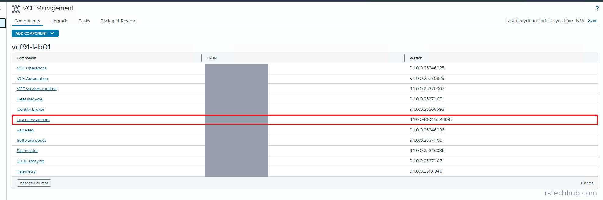 Components list showing Log management installed at version 9.1.0.0400