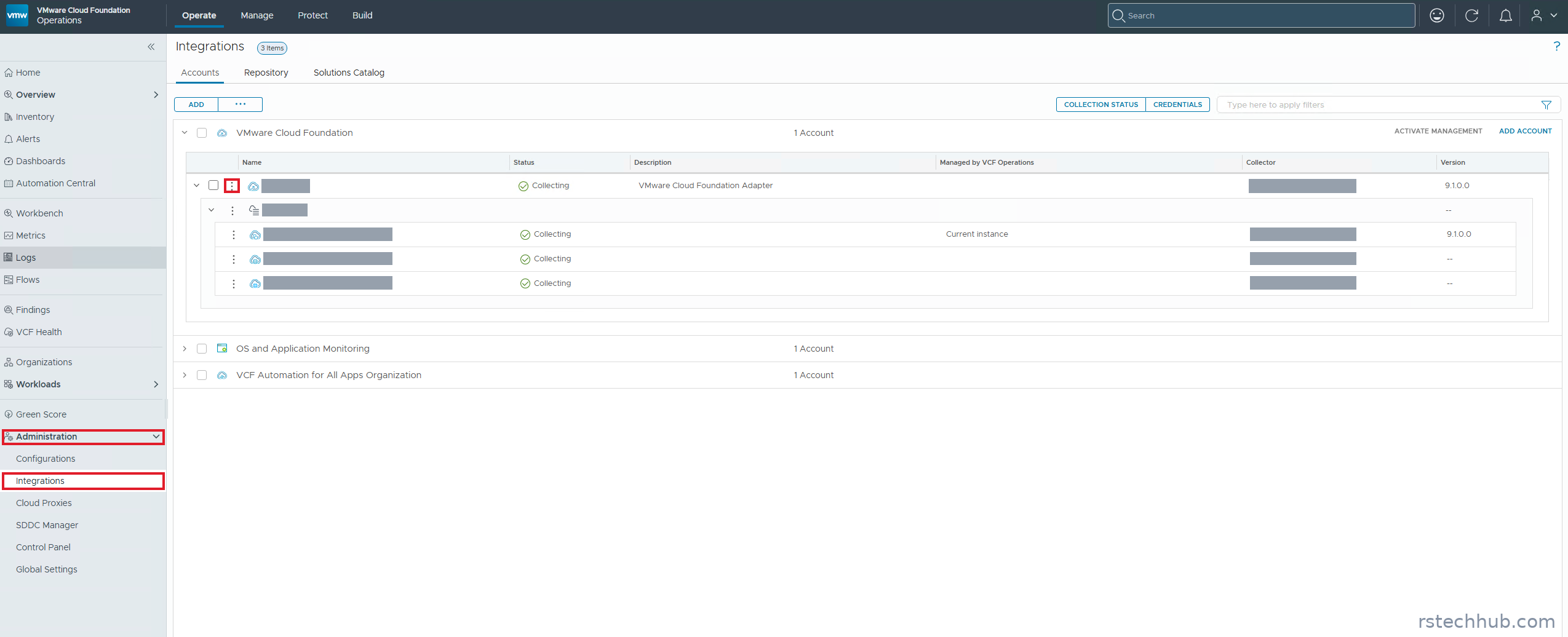 Integrations page with the VMware Cloud Foundation account open for editing