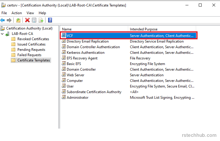 Certificate Templates list on the CA with the new VCF template selected