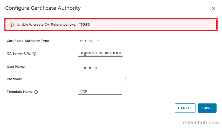 Configure Certificate Authority dialog in SDDC Manager showing Unable to create CA