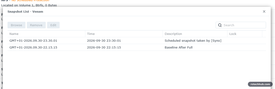 Snapshot list for the Veeam share with a 22:15 and a 23:30 snapshot