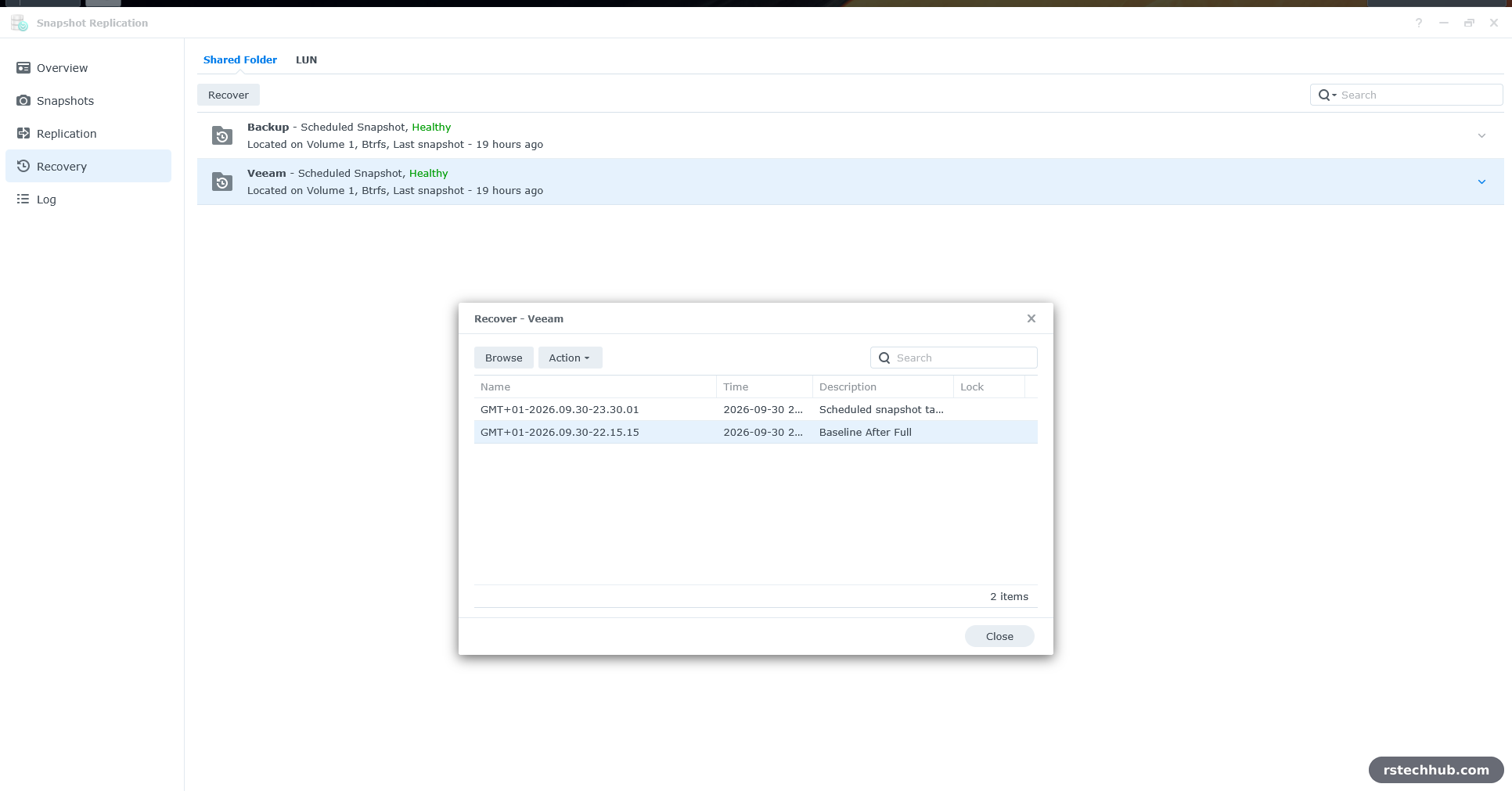 Snapshot Replication recover dialog with the 22:15 snapshot selected