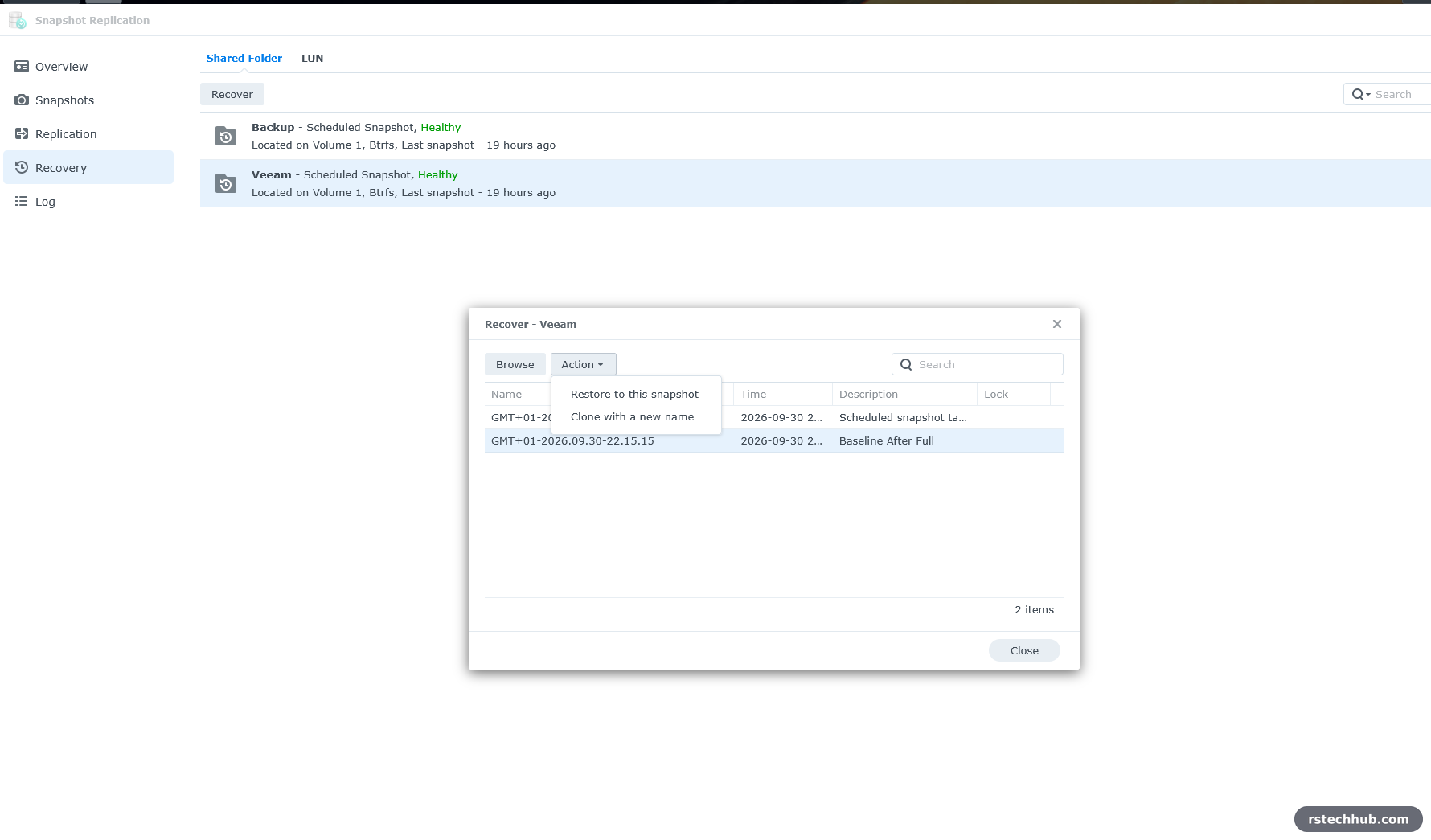 Action menu: restore to this snapshot or clone with a new name