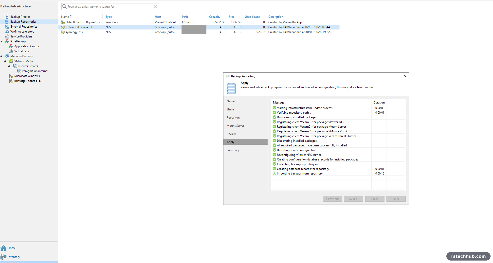 Veeam applying the new repository and importing backups
