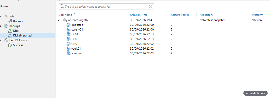 Veeam Disk (Imported) showing lab-core-nightly with seven VMs and two restore points each