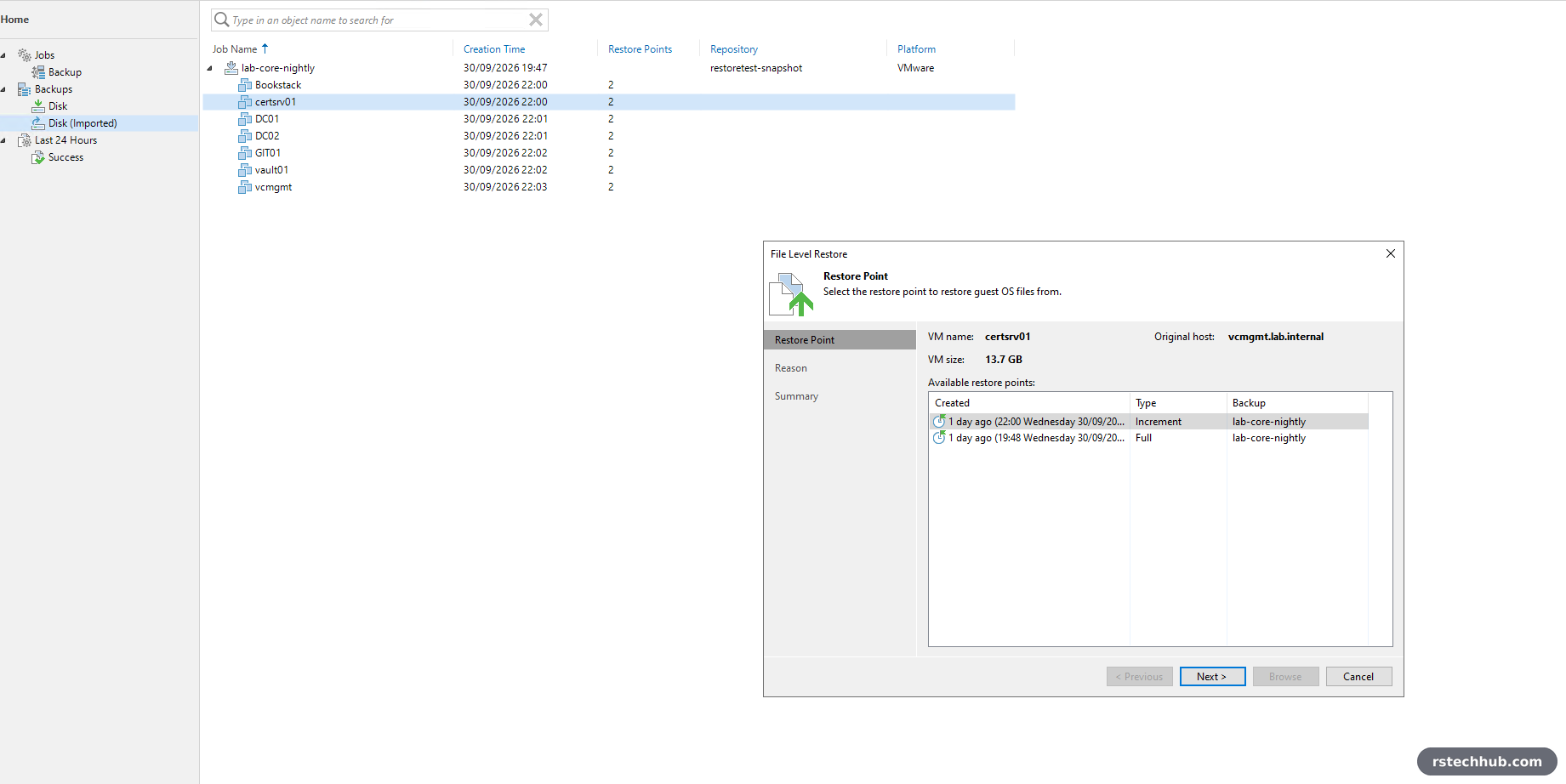 File level restore: choosing the 22:00 increment